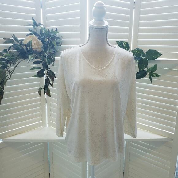 CHICOS VNECK CREAM BLOUSE WITH GOLD FLORAL BEADING SIZE 1(MED) - Picture 1 of 5